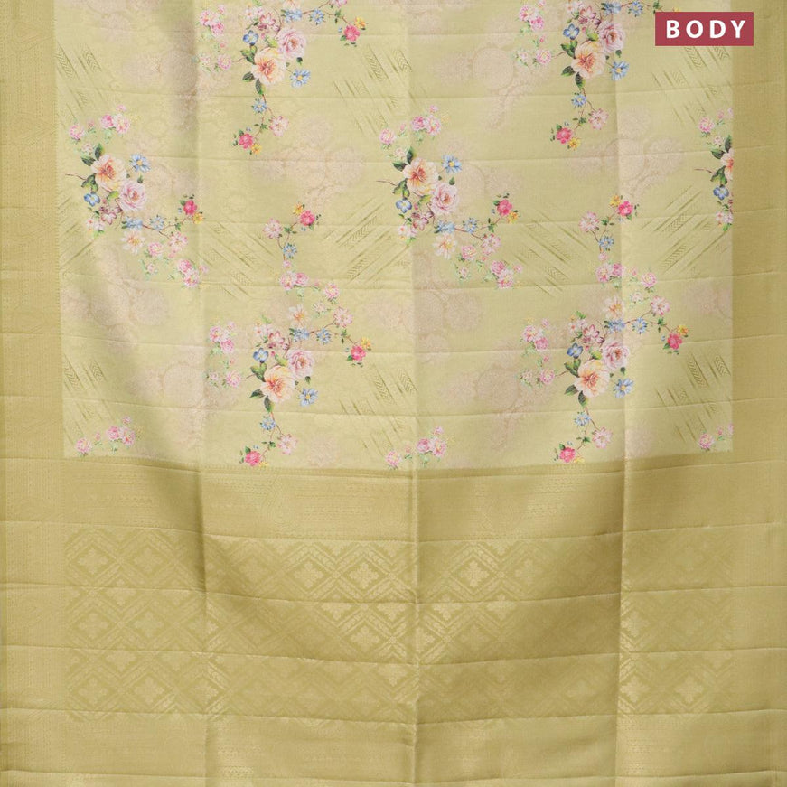 Banarasi softy silk saree elaichi green with allover zari weaves & floral digital prints and zari woven border - {{ collection.title }} by Prashanti Sarees