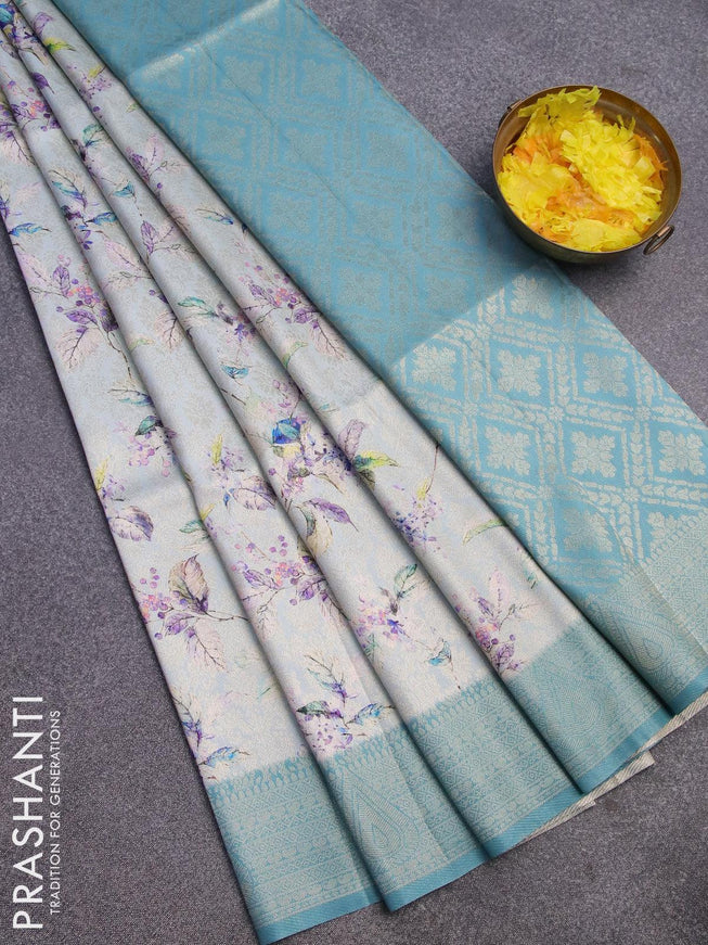 Banarasi softy silk saree teal blue and blue with allover zari weaves & floral digital prints and zari woven border - {{ collection.title }} by Prashanti Sarees
