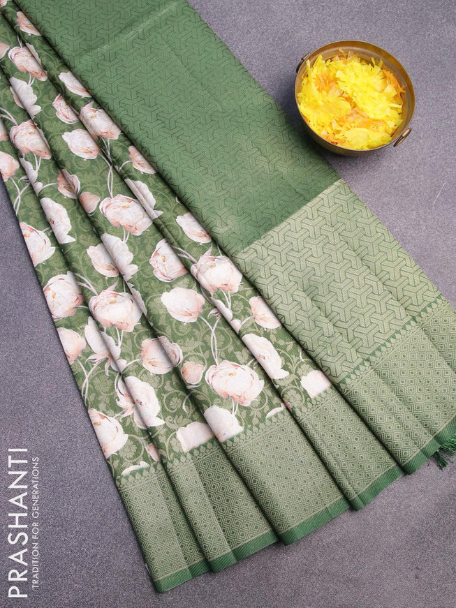 Banarasi softy silk saree green with allover zari weaves & floral digital prints and zari woven border - {{ collection.title }} by Prashanti Sarees