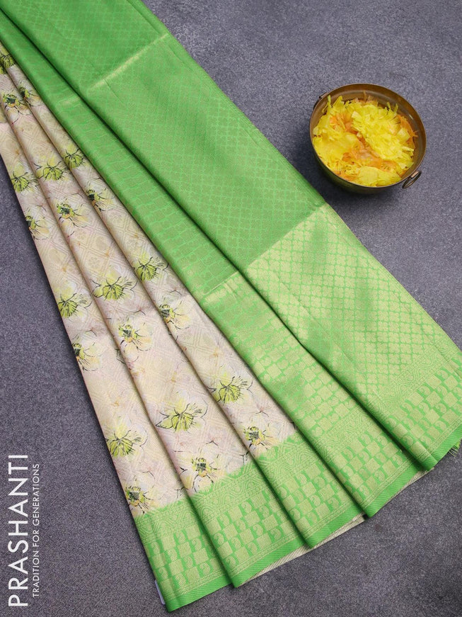 Banarasi softy silk saree cream and green with allover zari weaves & floral digital prints and zari woven border - {{ collection.title }} by Prashanti Sarees