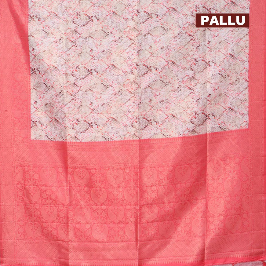 Banarasi softy silk saree off white and peach red with allover zari weaves & geometric digital prints and zari woven border - {{ collection.title }} by Prashanti Sarees