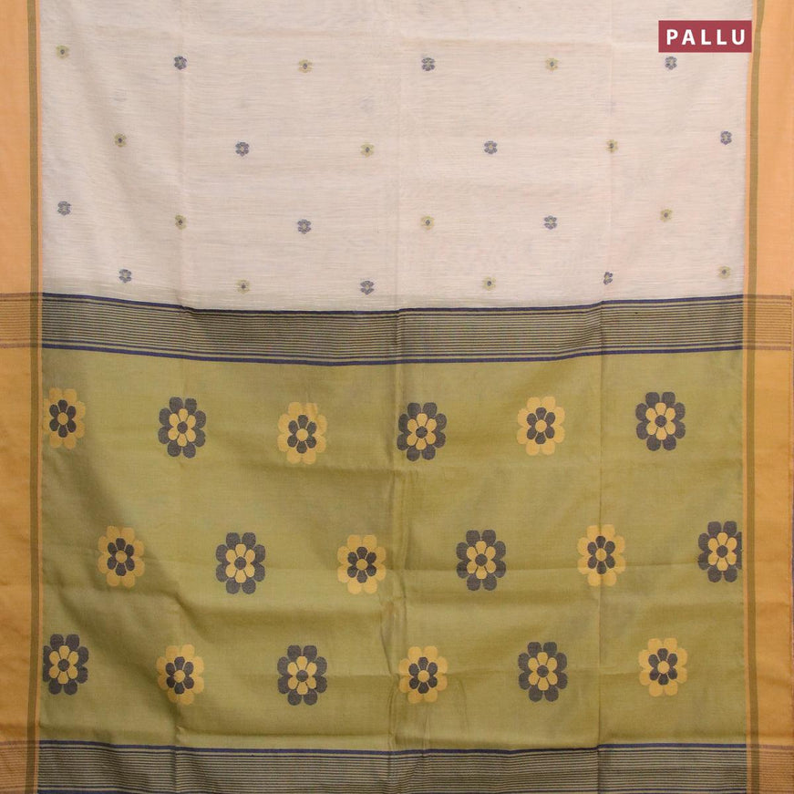 Jamdhani cotton saree cream and mehendi green with thread woven buttas and contrast border - {{ collection.title }} by Prashanti Sarees
