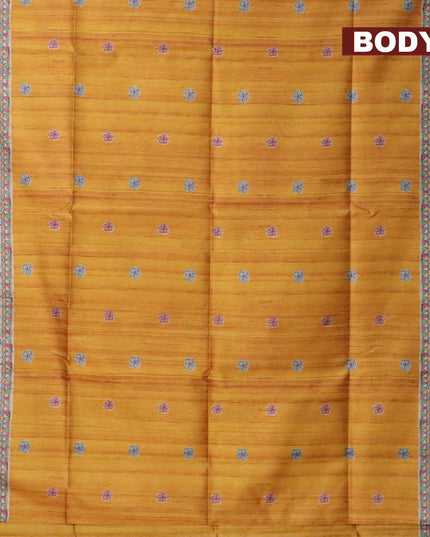 Semi tussar saree mustard yellow and beige with madhubani butta prints and madhubani printed border - {{ collection.title }} by Prashanti Sarees