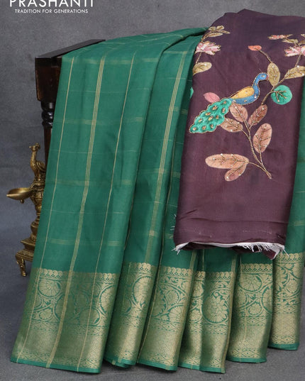 Dola silk saree green and deep wine shade with allover zari checked pattern and rich zari woven border - {{ collection.title }} by Prashanti Sarees