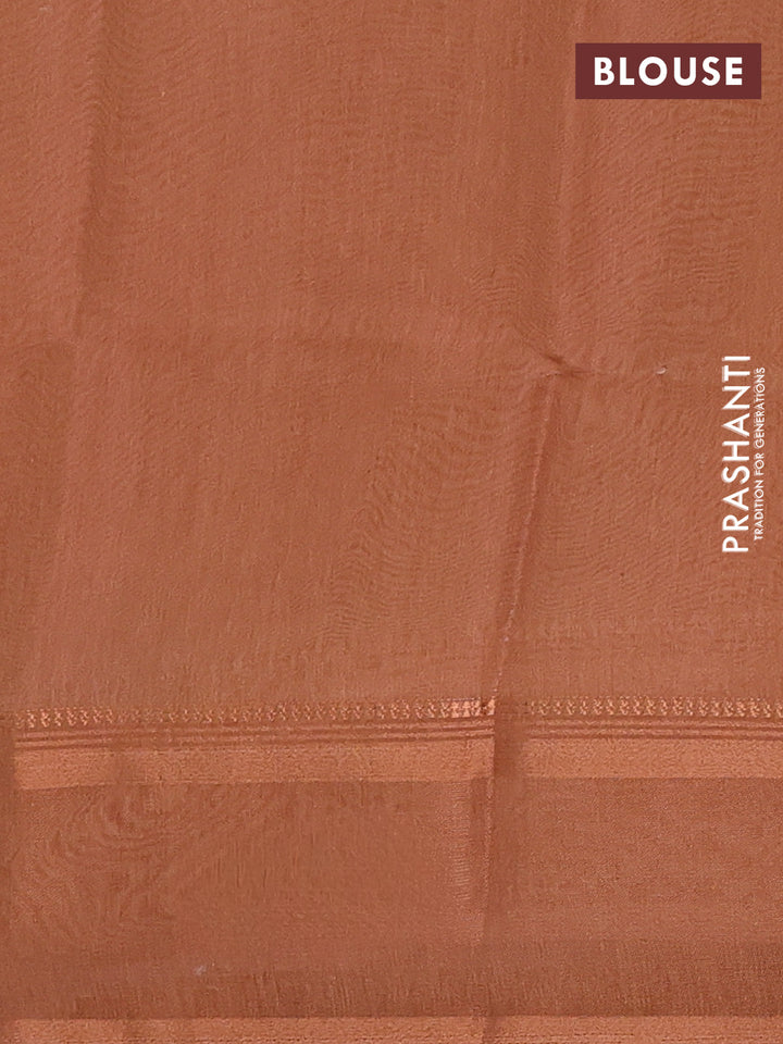 Art Linen saree pale orange and rust shade with allover floal prints and temple design rettapet zari woven border
