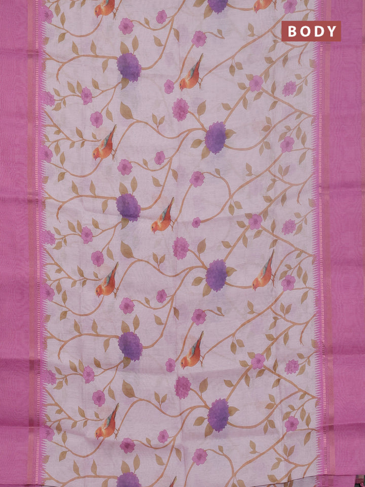 Art Linen saree pastel pink and pink with allover floral prints and temple design rettapet zari woven border