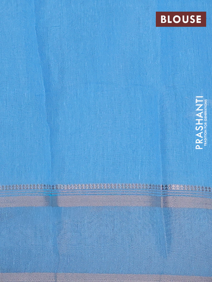 Art Linen saree pastel blue and blue shade with allover floral prints and temple design rettapet zari woven border