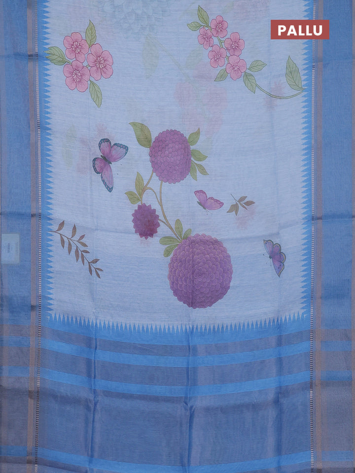 Art Linen saree pastel blue and blue with allover floral prints and temple design rettapet zari woven border