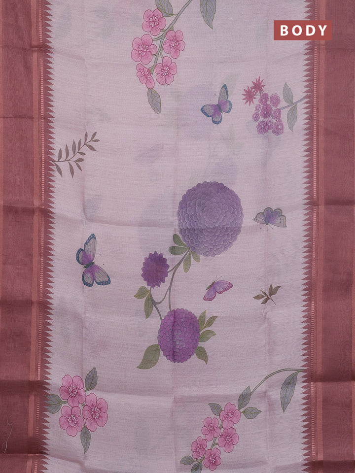 Art Linen saree pastel brown with allover floral prints and temple design rettapet zari woven border