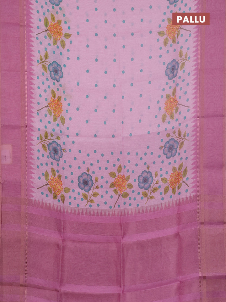 Art Linen saree light pink and pink with allover floral prints and temple design rettapet zari woven border