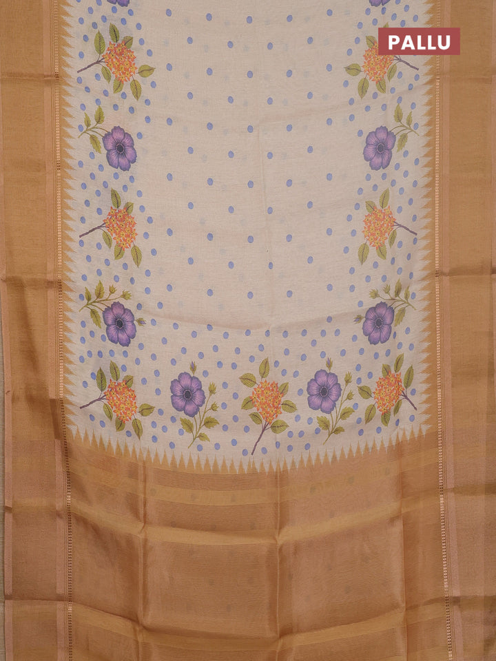 Art Linen saree mustard yellow with allover floral prints and temple design rettapet zari woven border