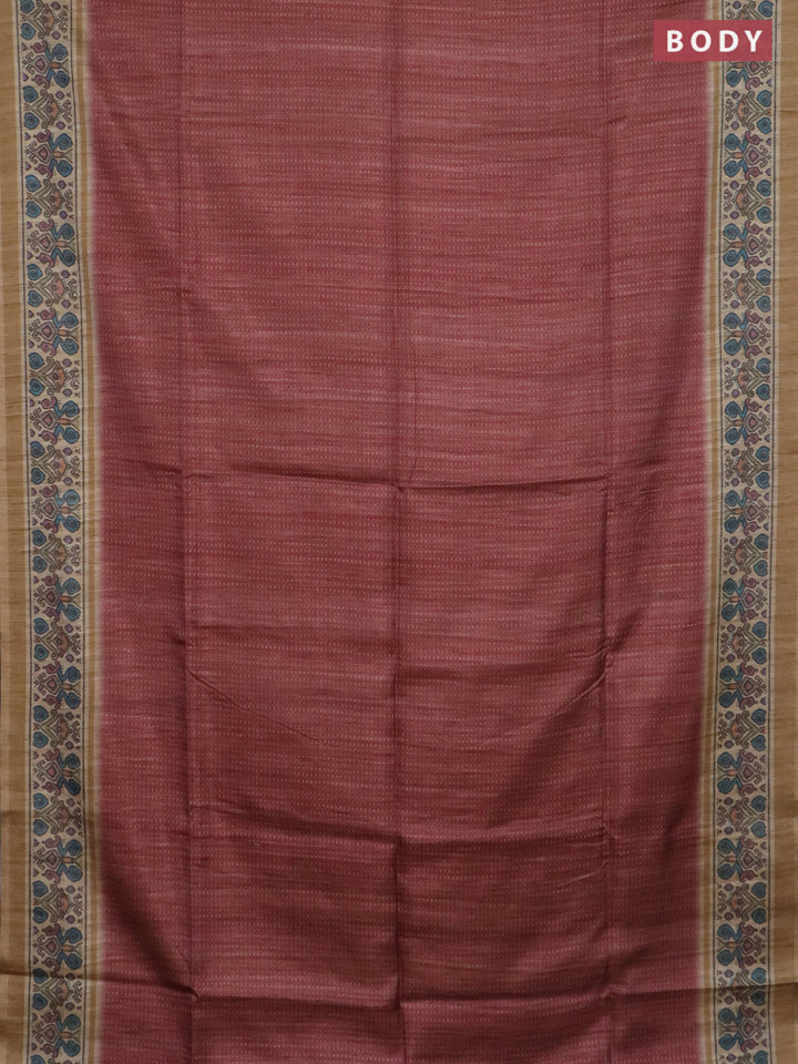Art tussar saree maroon and beige with allover prints and patola printed border