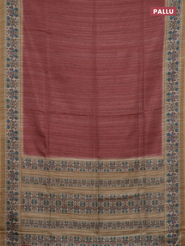 Art tussar saree maroon and beige with allover prints and patola printed border
