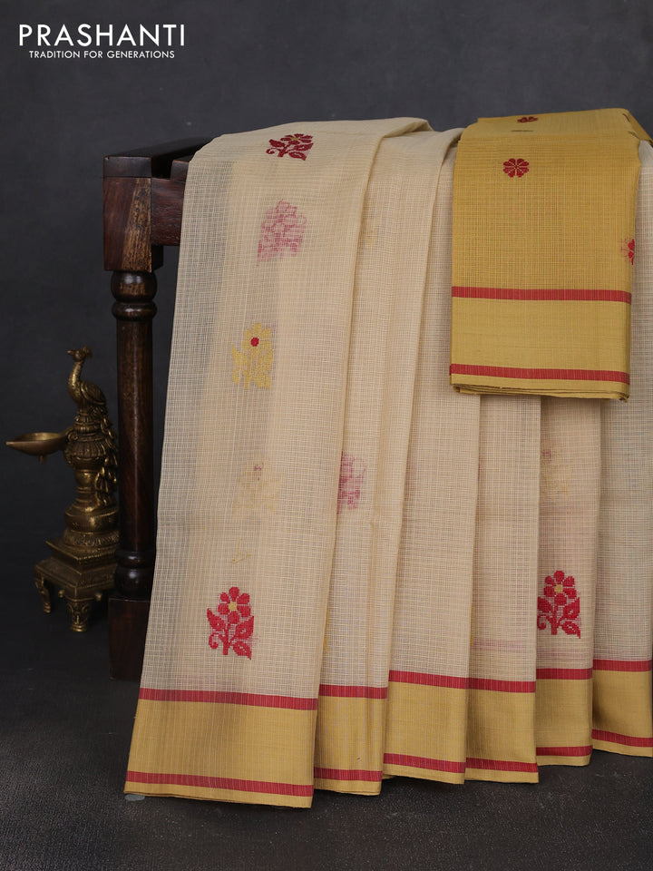 Handloom kota saree sandal maroon and mustard shade with floral thread woven buttas and rettapet border