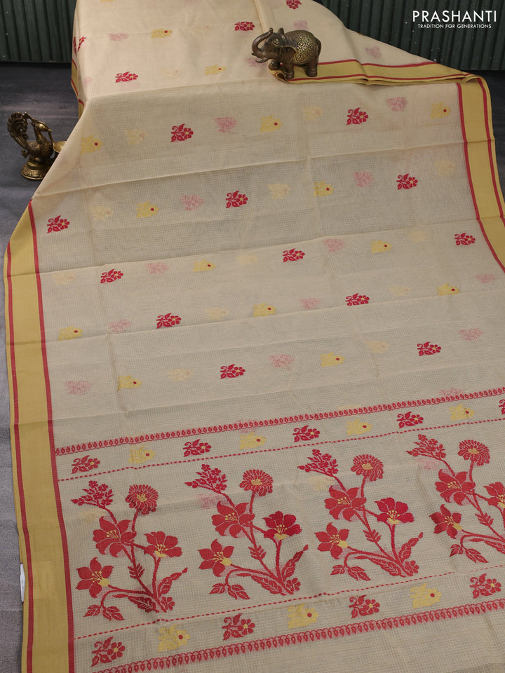 Handloom kota saree sandal maroon and mustard shade with floral thread woven buttas and rettapet border