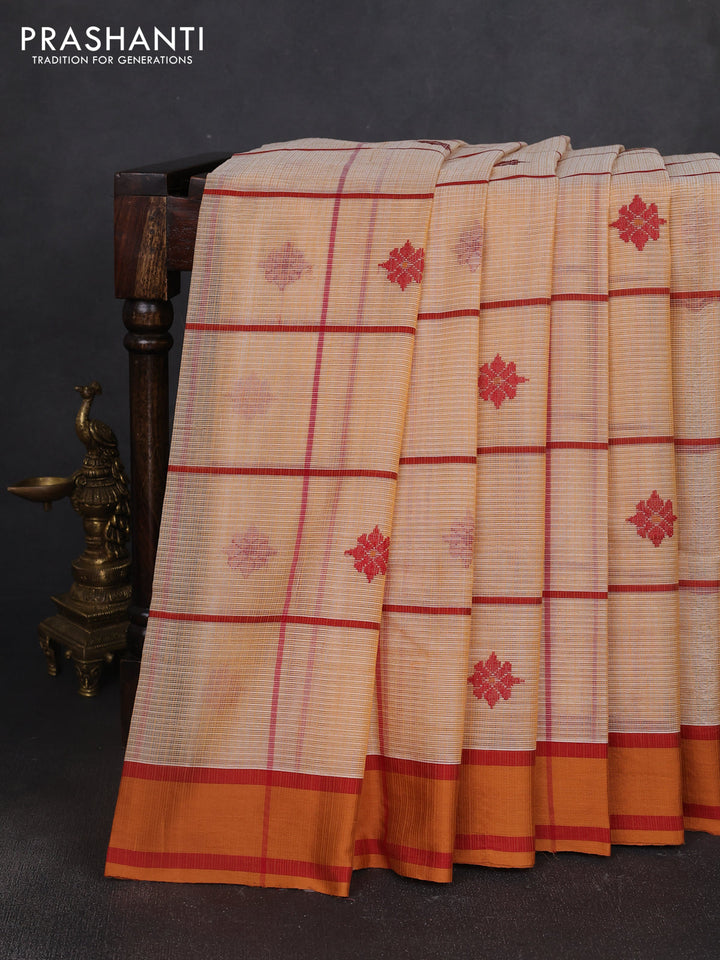 Handloom kota saree sandal maroon and rust shade with allover checks & thread buttas and rettapet border