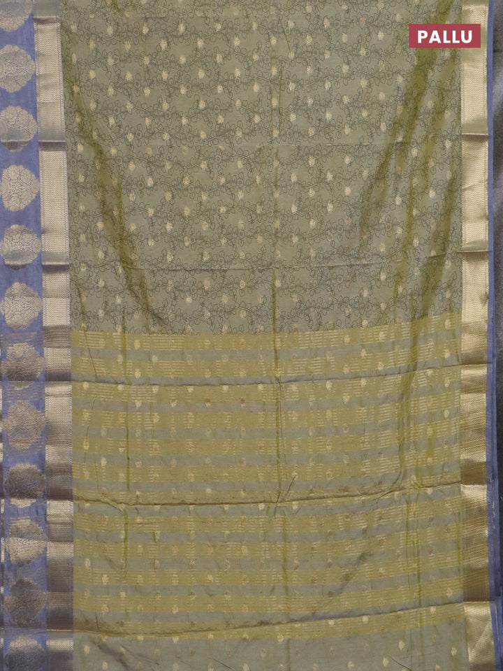 Semi raw silk saree elaichi green and grey with allover kalamkari prints & 1000 zari buttas and zari woven butta border