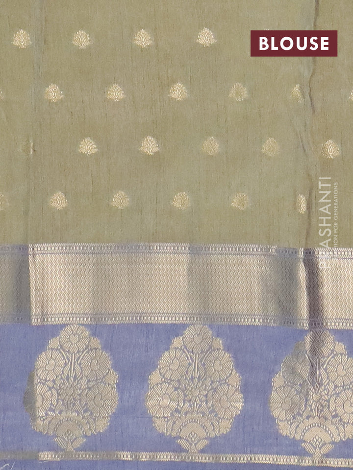 Semi raw silk saree elaichi green and grey with allover kalamkari prints & 1000 zari buttas and zari woven butta border