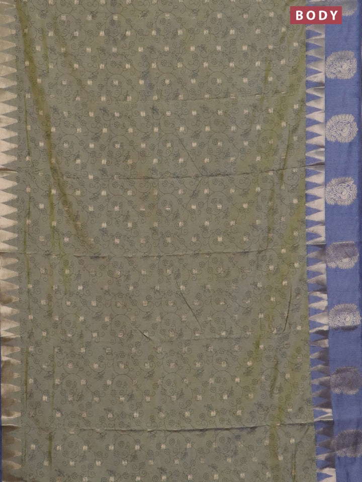 Semi raw silk saree green shade and grey with allover prints & 1000 buttas and temple design zari woven butta border