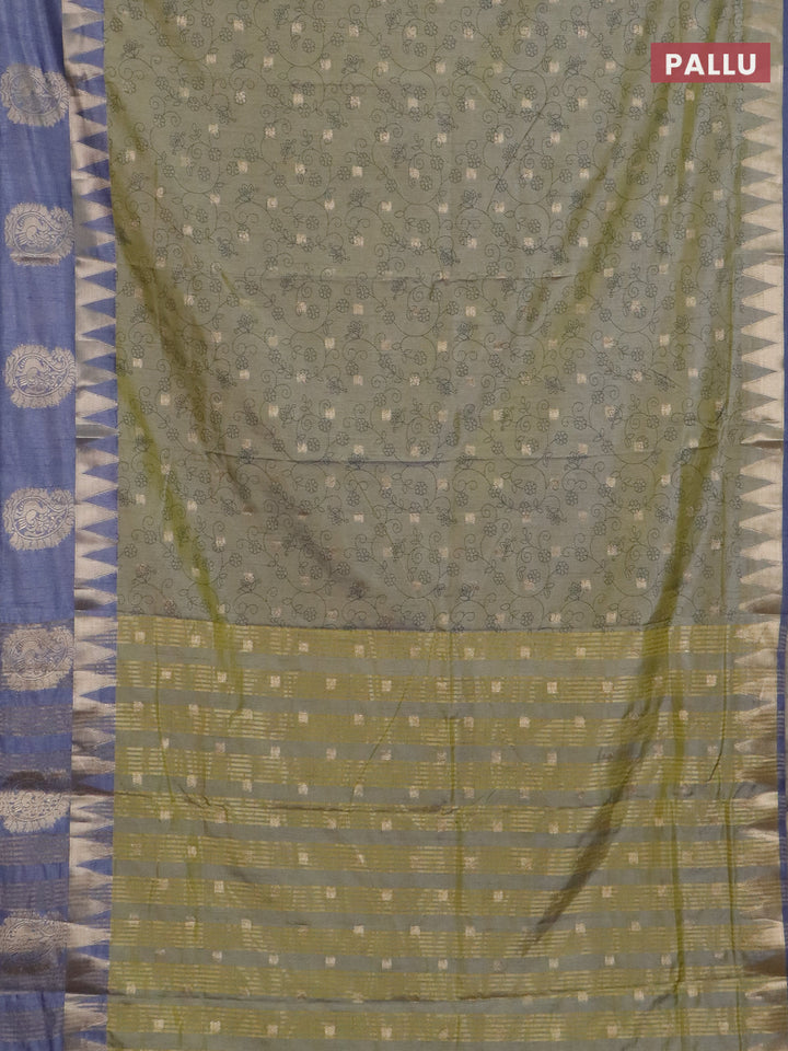 Semi raw silk saree green shade and grey with allover prints & 1000 buttas and temple design zari woven butta border