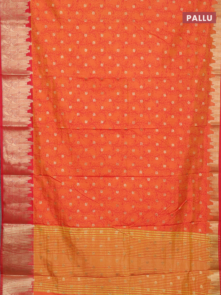Semi raw silk saree dual shade of orange and red with allover kalamkari prints & 1000 zari buttas and temple design zari woven border