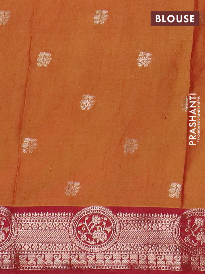 Semi raw silk saree dual shade of dark mustard and maroon with allover kalamkari prints & 1000 zari buttas and zari woven border