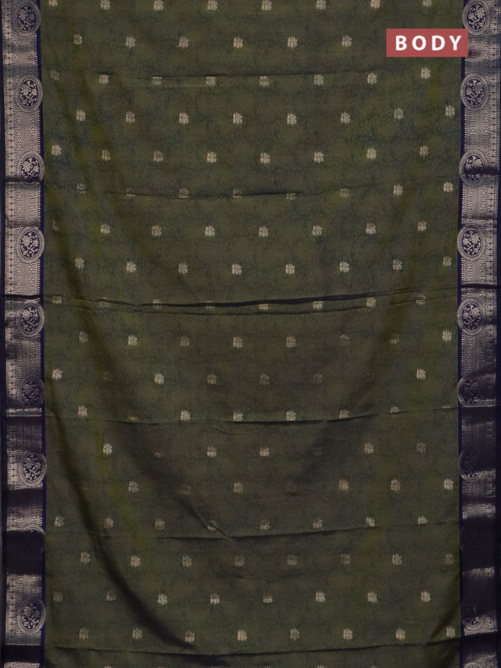 Semi raw silk saree mehendi green and navy blue with allover kalamkari prints & 1000 zari buttas and zari woven border