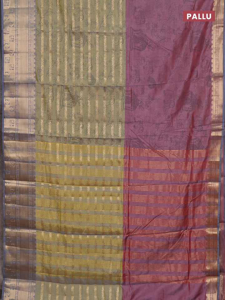 Semi raw silk saree dual shade of pastel maroon and light green grey with allover half & half style and zari woven border