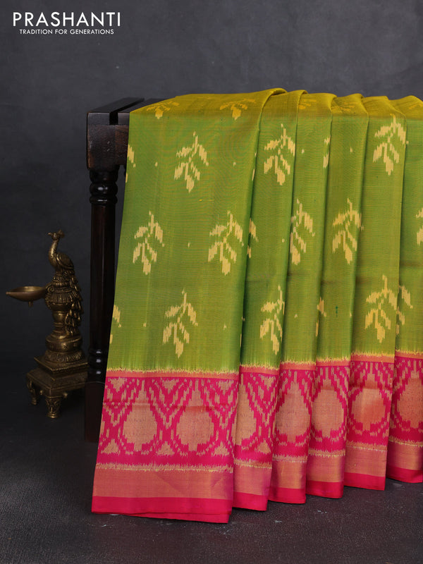 Rajkot patola silk saree dual shade of yellowish green and pink with ikat woven buttas and zari woven border