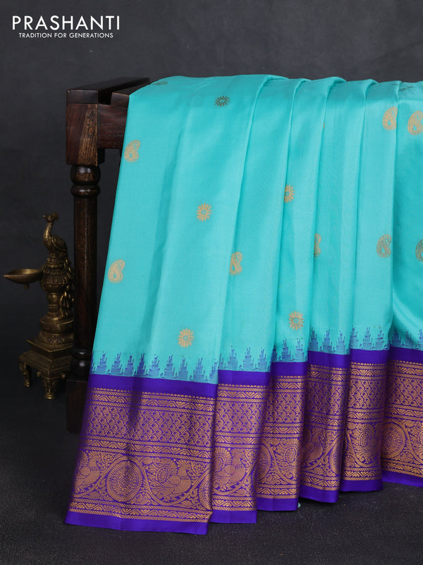 Pure gadwal silk saree teal blue and royal blue with allover paisley zari woven buttas and temple design zari woven border