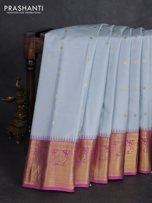 Pure gadwal silk saree grey and mauve pink with zari woven buttas and temple design zari woven border