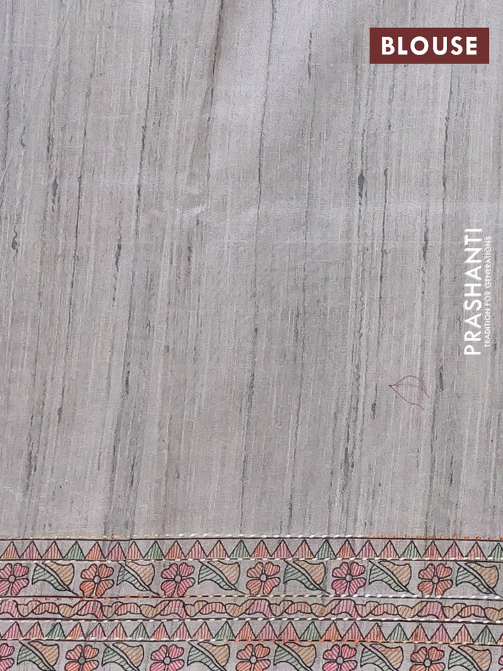 Semi tussar saree grey with allover mathubani prints & kantha stitch work