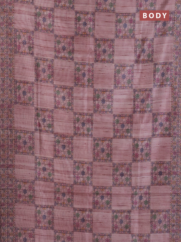 Semi tussar saree pastel pink with allover mathubani prints & kantha stitch work