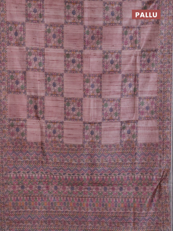 Semi tussar saree pastel pink with allover mathubani prints & kantha stitch work