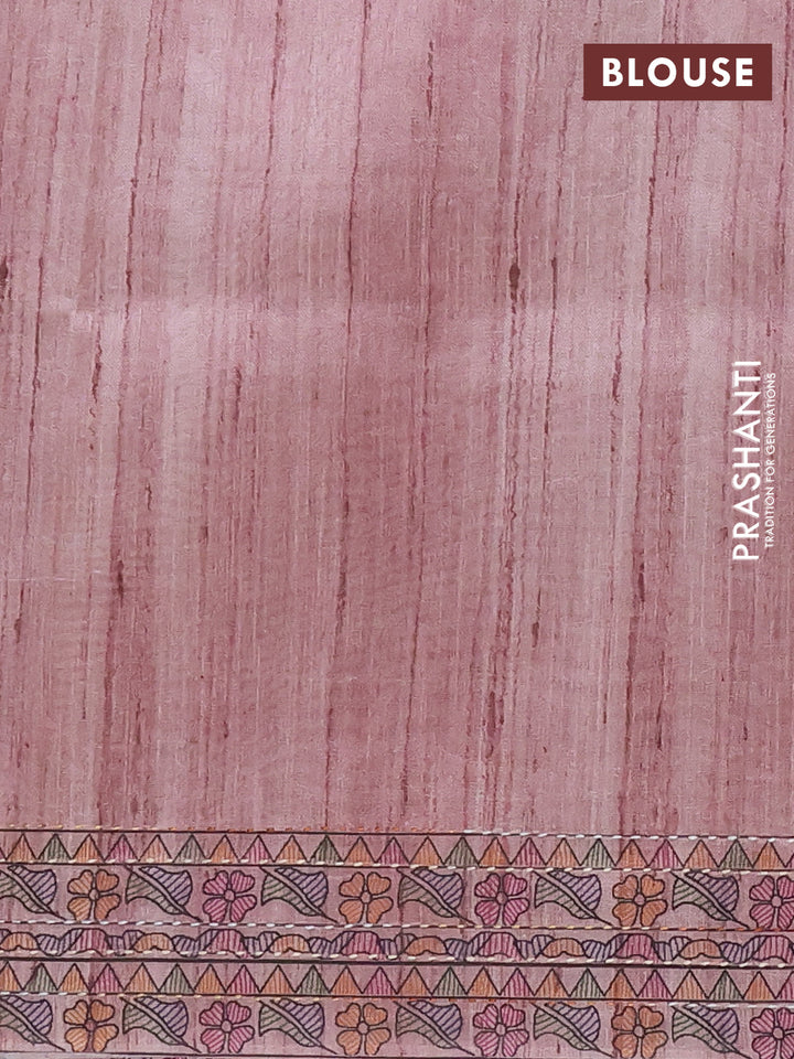 Semi tussar saree pastel pink with allover mathubani prints & kantha stitch work