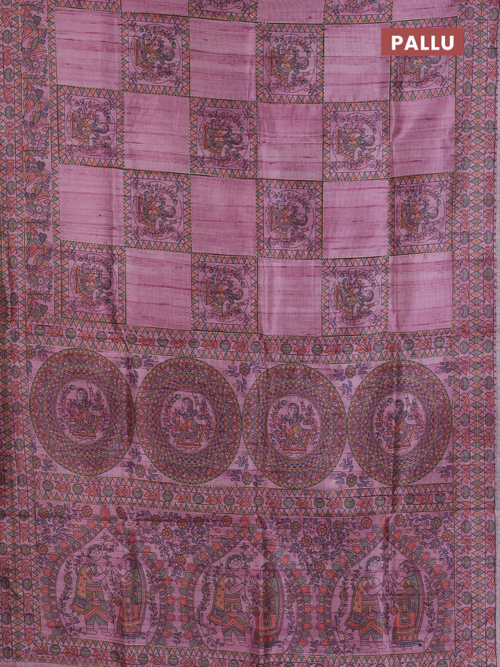 Semi tussar saree mauve pink with allover mathubani prints & kantha stitch work