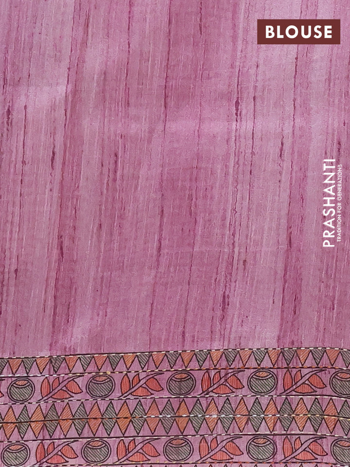 Semi tussar saree mauve pink with allover mathubani prints & kantha stitch work