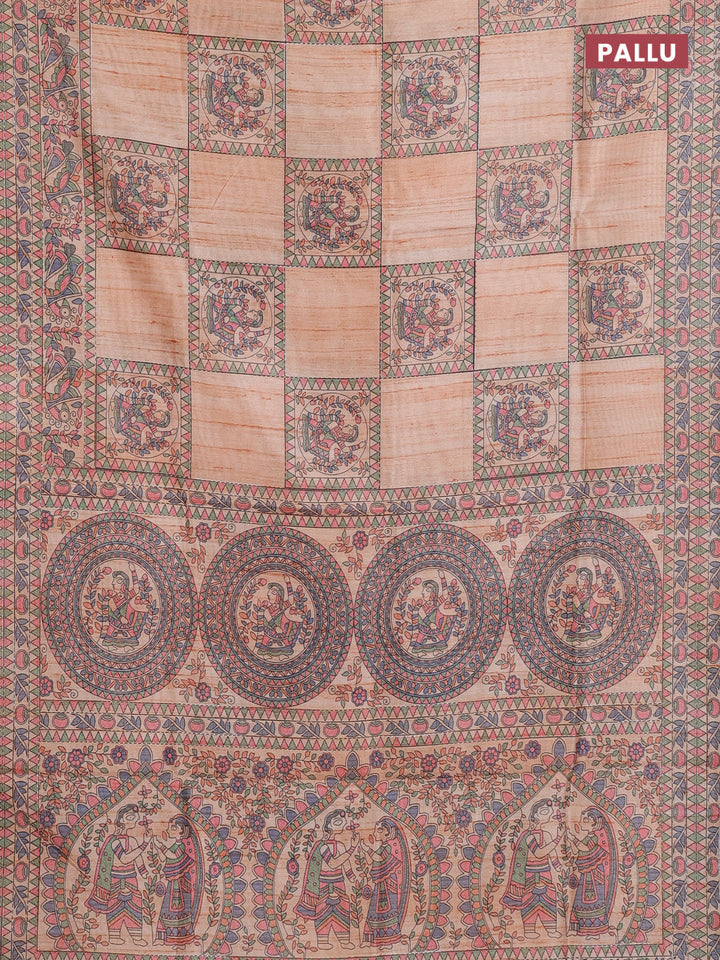 Semi tussar saree orange with allover mathubani prints & kantha stitch work