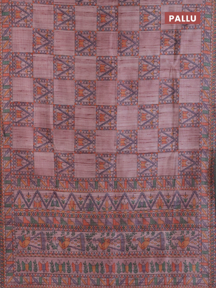 Semi tussar saree pastel pink with allover mathubani prints & kantha stitch work