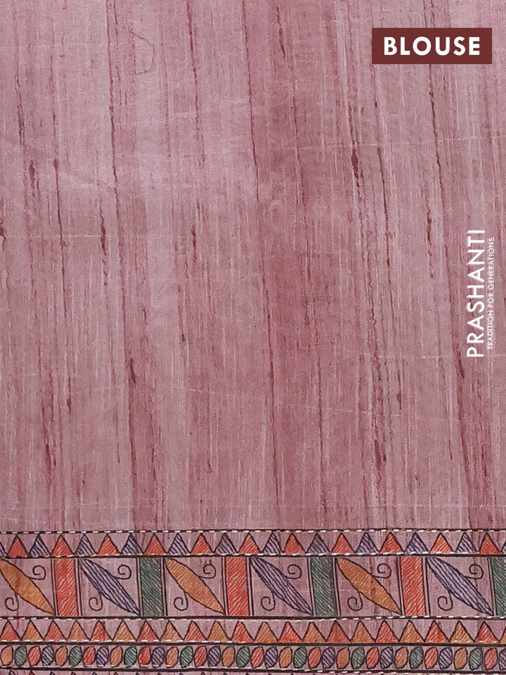 Semi tussar saree pastel pink with allover mathubani prints & kantha stitch work