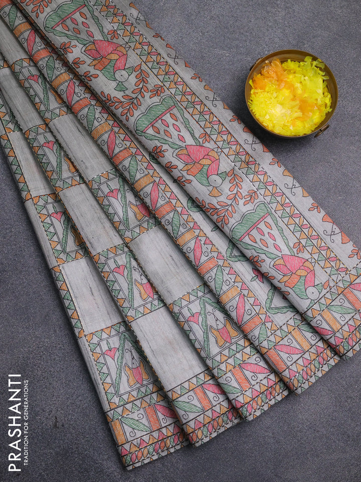 Semi tussar saree grey with allover mathubani prints & kantha stitch work