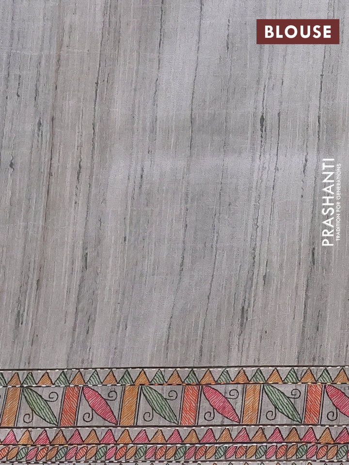 Semi tussar saree grey with allover mathubani prints & kantha stitch work