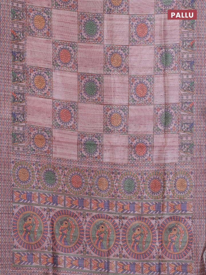 Semi tussar saree pastel pink with allover mathubani prints & kantha stitch work