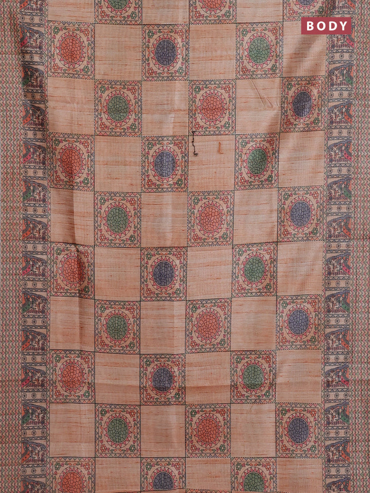 Semi tussar saree orange with allover mathubani prints & kantha stitch work