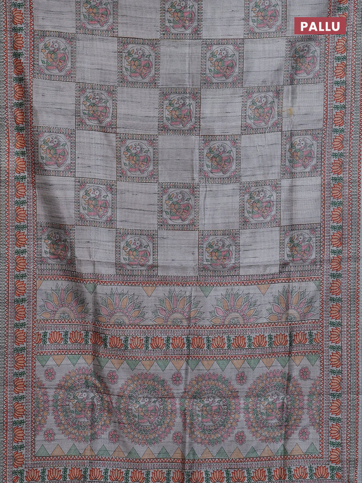 Semi tussar saree grey with allover mathubani prints & kantha stitch work