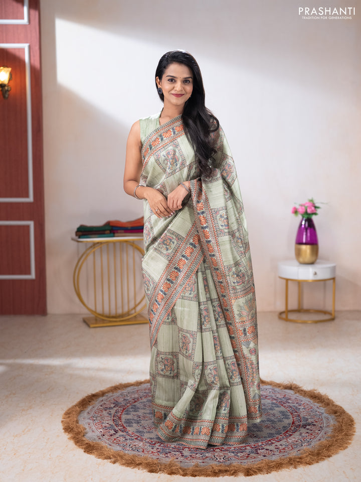 Semi tussar saree pista green with allover mathubani prints & kantha stitch work