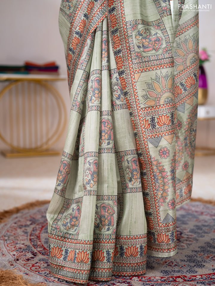 Semi tussar saree pista green with allover mathubani prints & kantha stitch work