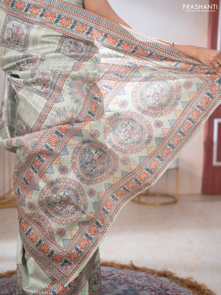 Semi tussar saree pista green with allover mathubani prints & kantha stitch work