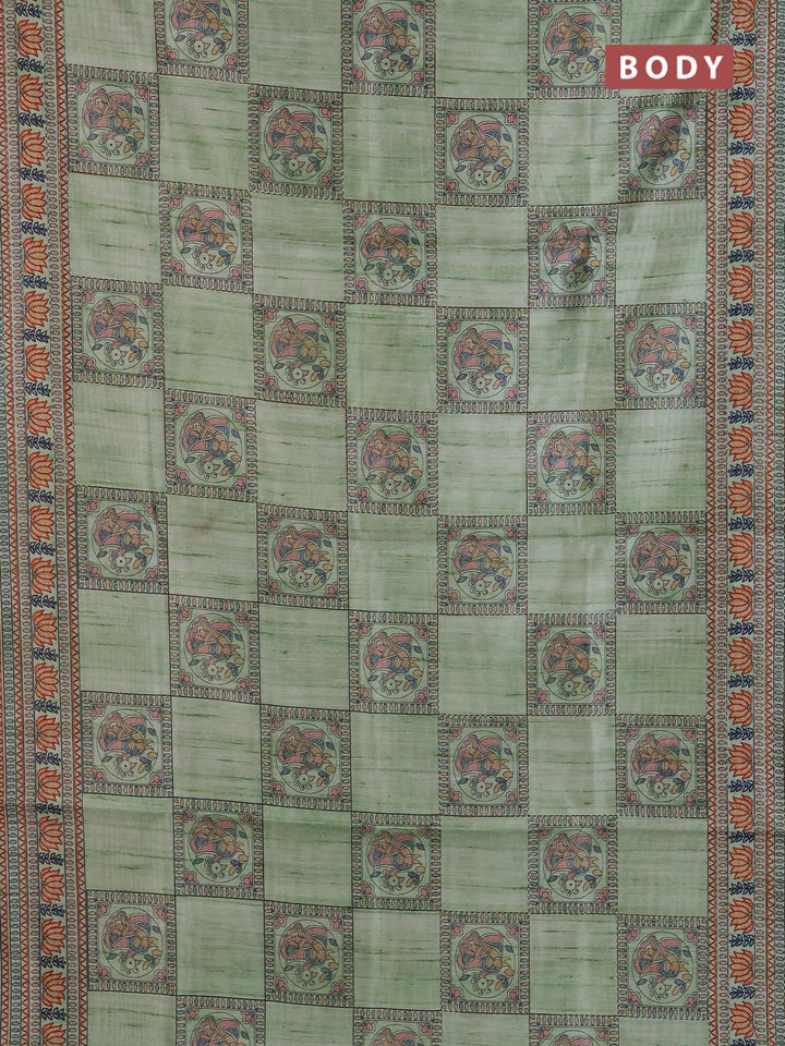 Semi tussar saree pista green with allover mathubani prints & kantha stitch work