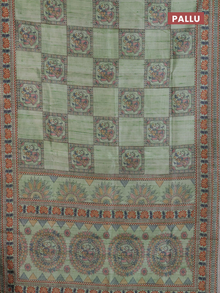 Semi tussar saree pista green with allover mathubani prints & kantha stitch work